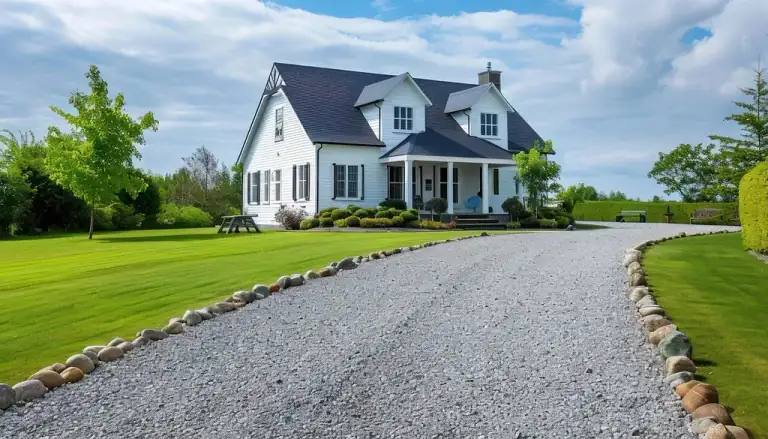 Smooth, freshly graded gravel driveway with a stone-lined edge curving up to a farmhouse